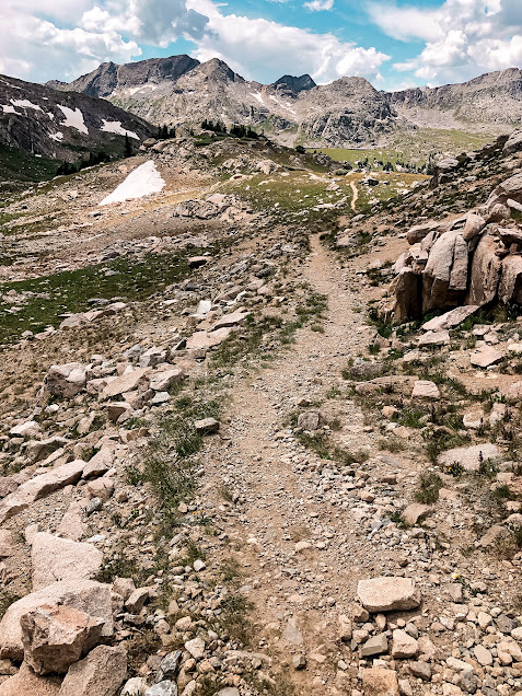 View of Fancy Pass trail. Rocky, with views of mountains.