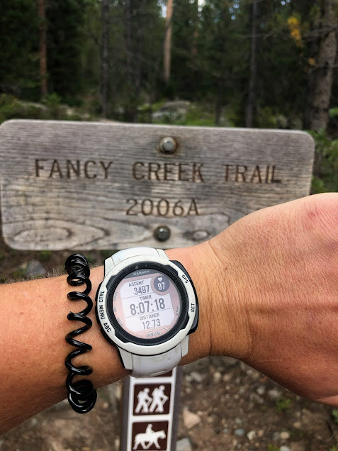 View of Garmin watch with the complete mileage of the Missouri/Fancy Lakes Loop Trail. The mileage also includes an additional spur trail taken over to Holy Cross City.