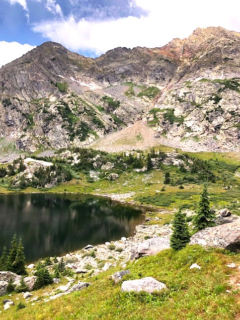 View of a lake from the Missouri/Fancy Lakes loop trail in Colorado's Holy Cross Wilderness.