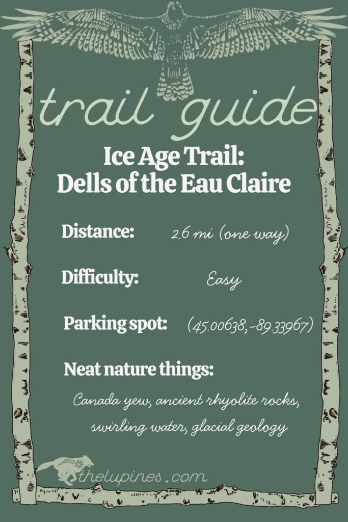 Trail guide graphic for hiking the Ice Age trail segment Dells of the Eau Claire River.