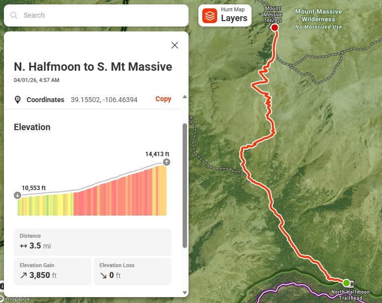 Trail map showing the North Halfmoon to South Mount Massive trail route in Colorado.
