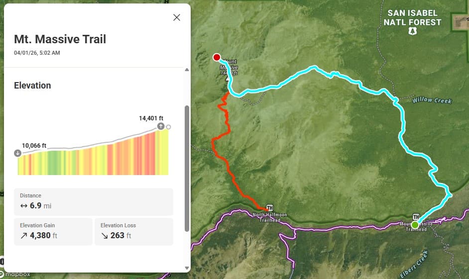 Map of both trails to the summit of Mount Massive in Colorado.