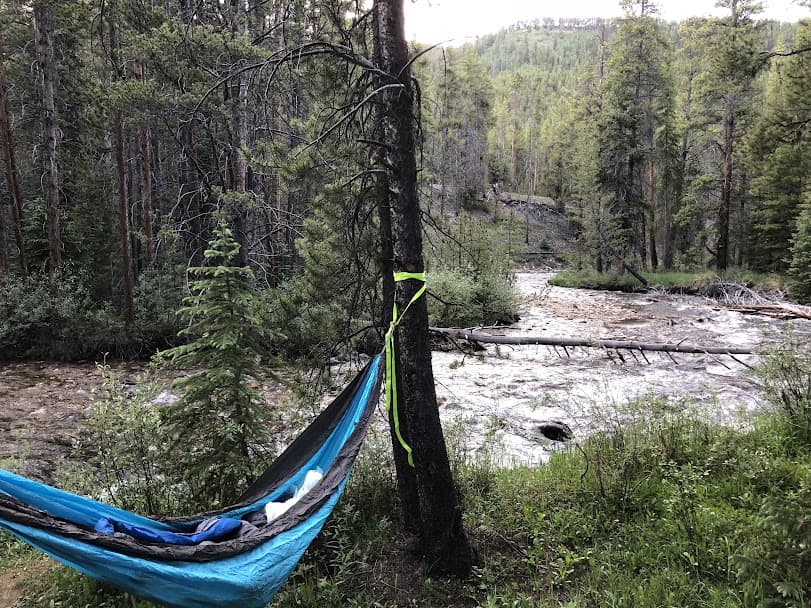 Dispersed campsite along Halfmoon Creek, hammock camping.
