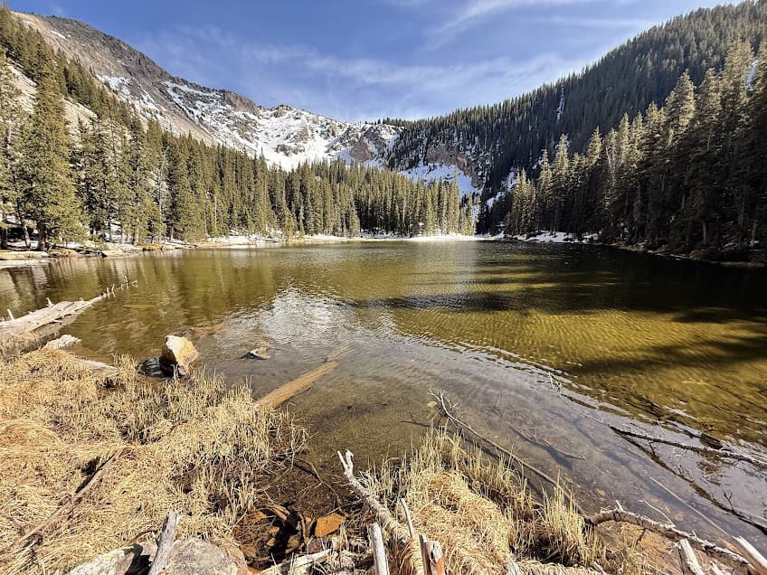 Scene from Nambe Lake in New Mexico, an alpine lake below Lake Peak. 