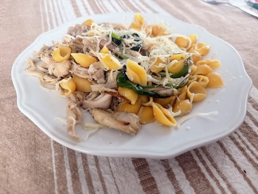 Plate of pasta, chicken and foraged wild ramps.