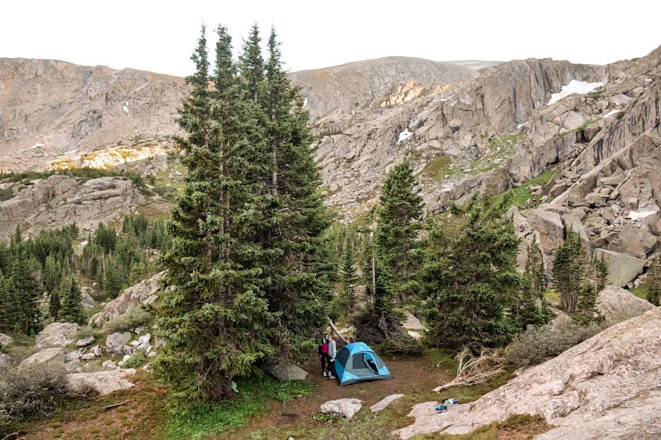 Campsite when backpacking below Tuhare Lakes, alpine lakes in Colorado.