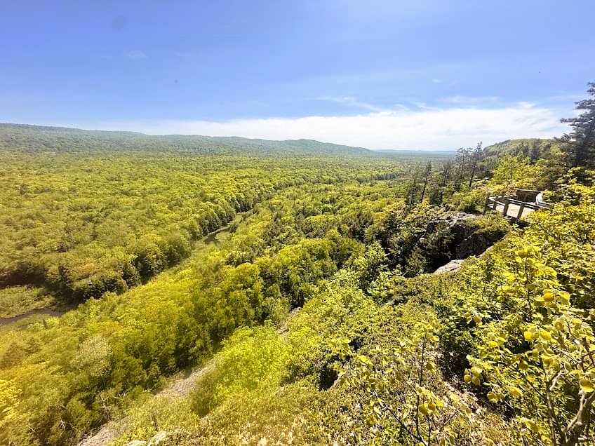 View of Carp River and the Lake of the Clouds overlook from the Escarpment Trail in Michigan. 