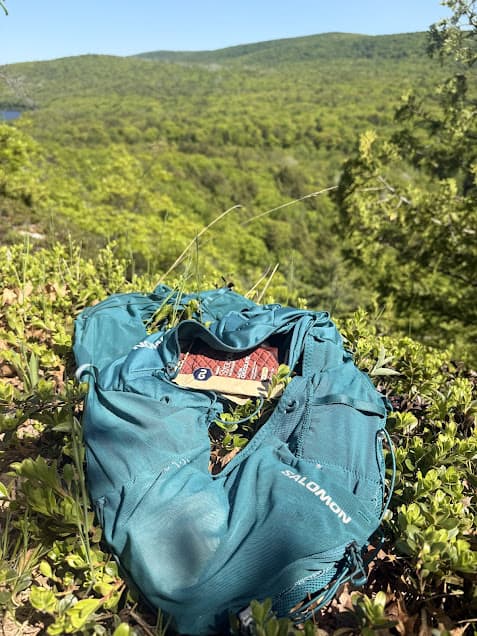 Hydration vest and nutrition during a trail run for ultramarathon training.